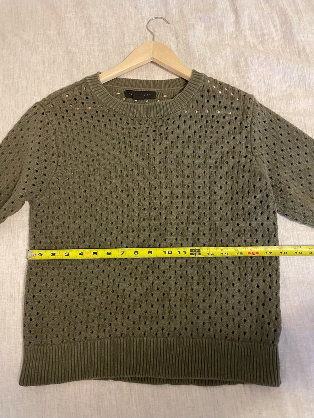 Sanctuary - Olive Open Knit Boho Sweater - Short Sleeve Lightweight Top - Size L - Picture 6 of 7